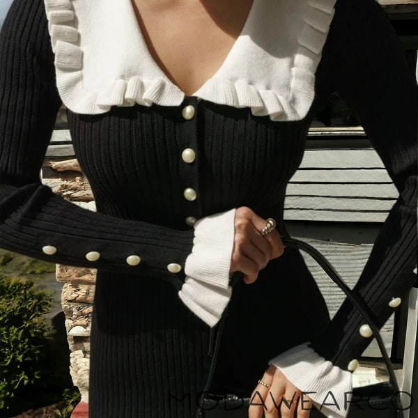 Dark Academia Black Victorian Dress / High Waist Ruffled Maxi Dresses For Women / All Season Knitted Slim Long Women Vintage Dress