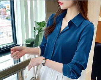 Chemisier bleu clair pour femme de bureau / Chemisier bleu Malakit pour chemises / T-shirts pour femme / Cadeau pour elle / Chemisiers Lolita