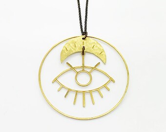 Crescent Moon + Eye Brass Statement Necklace