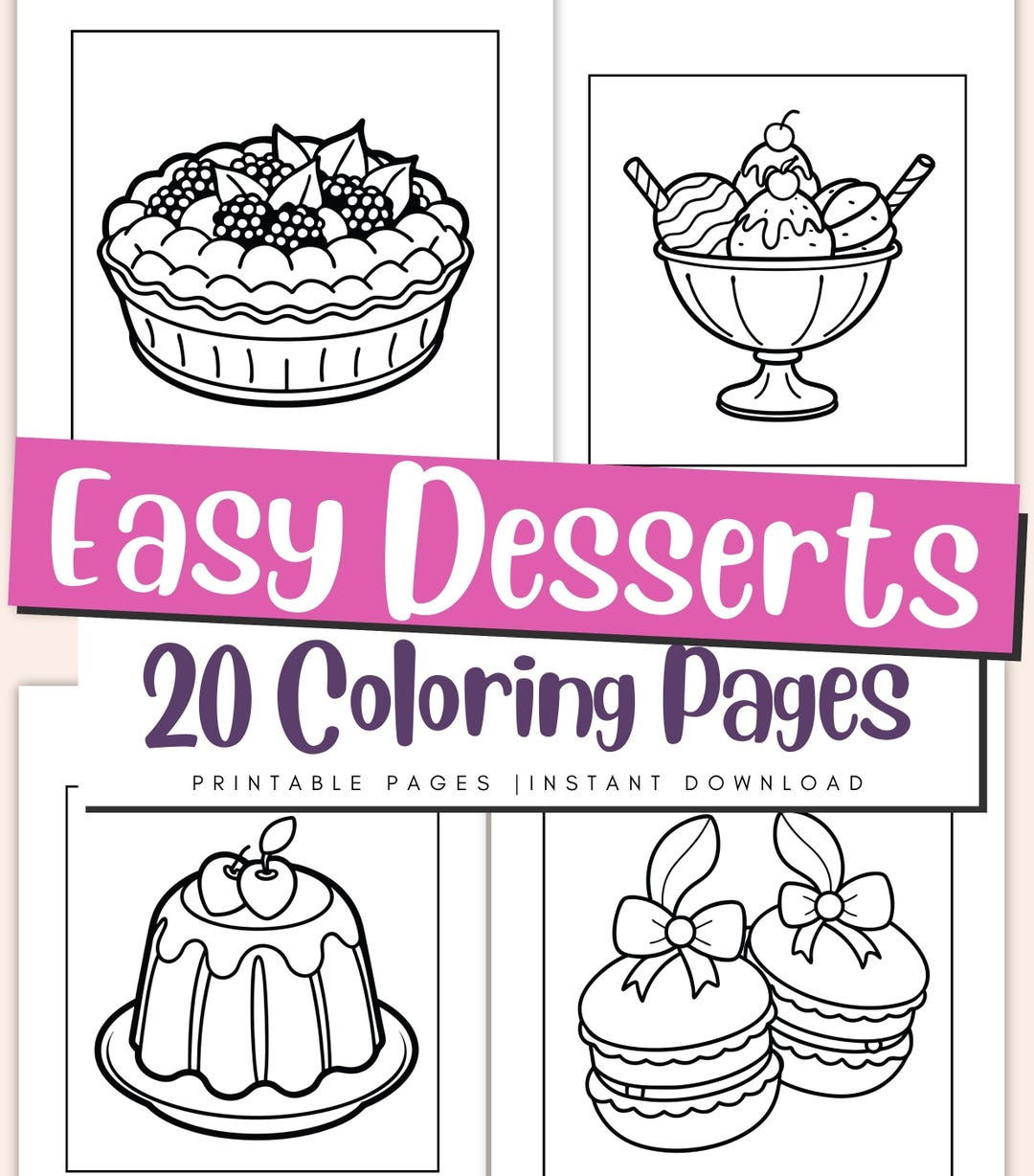 Easy Dessert Coloring Pages for Kids Simple Cake, Ice Cream & Donut