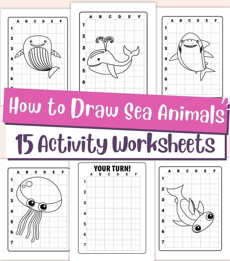 Sea Animals Drawing Worksheets for Kids – Step by Step Ocean Animal Art ...