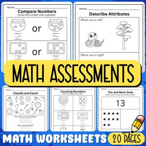 Puede incluir: Hojas de trabajo de matemáticas en blanco y negro con varios ejercicios, incluyendo la comparación de números y el conteo. Las hojas de trabajo están diseñadas para fines educativos y presentan ilustraciones de peces, botones y otros objetos. Se muestra el texto "MATH ASSESSMENTS".
