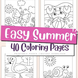 Dibujos de verano fáciles para colorear para niños, libro para colorear atrevido y fácil, actividades de verano, PDF imprimible, descarga instantánea