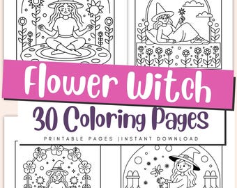 Flower Witch Coloring Pages for Kids, Magical Garden Witch Printable PDF Activity Book
