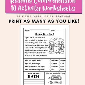 Puede incluir: Una hoja de trabajo imprimible titulada "Reading Comprehension 10 Activity Worksheets". La hoja de trabajo presenta una historia sobre un d&iacute;a lluvioso, con preguntas y un ejercicio de escritura de palabras. El texto incluye "&iexcl;Imprime tantos como quieras!"
