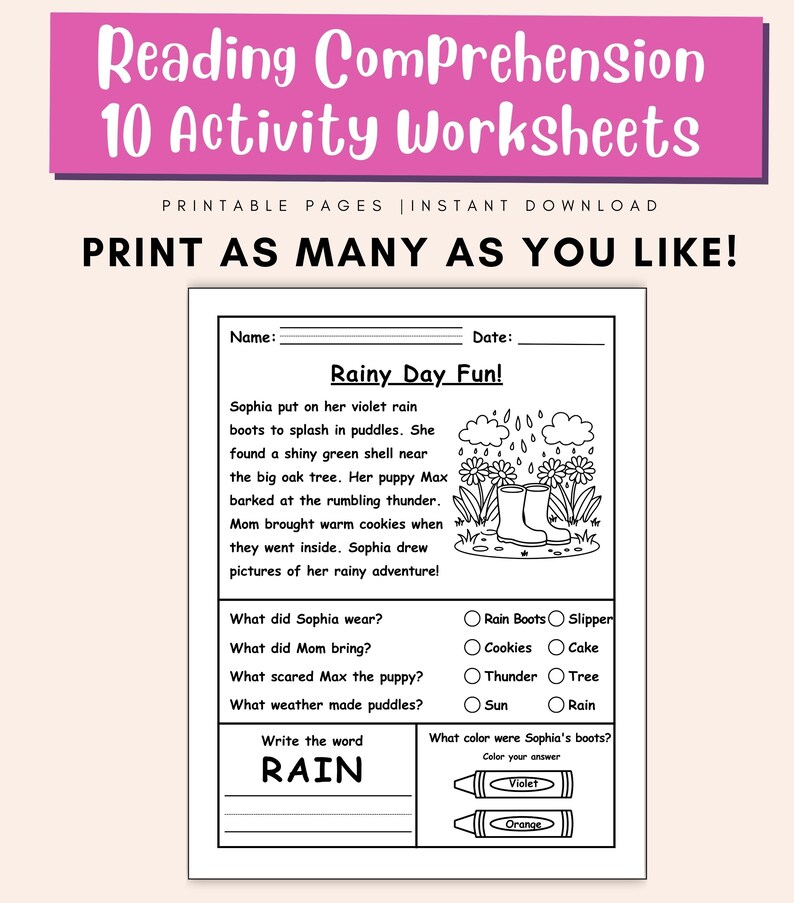 Puede incluir: Una hoja de trabajo imprimible titulada "Reading Comprehension 10 Activity Worksheets". La hoja de trabajo presenta una historia sobre un d&iacute;a lluvioso, con preguntas y un ejercicio de escritura de palabras. El texto incluye "&iexcl;Imprime tantos como quieras!"