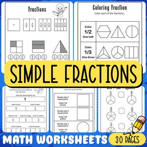 Puede incluir: Hojas de trabajo educativas sobre fracciones simples. Las páginas presentan diagramas para colorear fracciones, identificar fracciones y dividir formas en partes iguales. El título "SIMPLE FRACTIONS" está en amarillo. Las hojas de trabajo están etiquetadas como "30 PAGES".