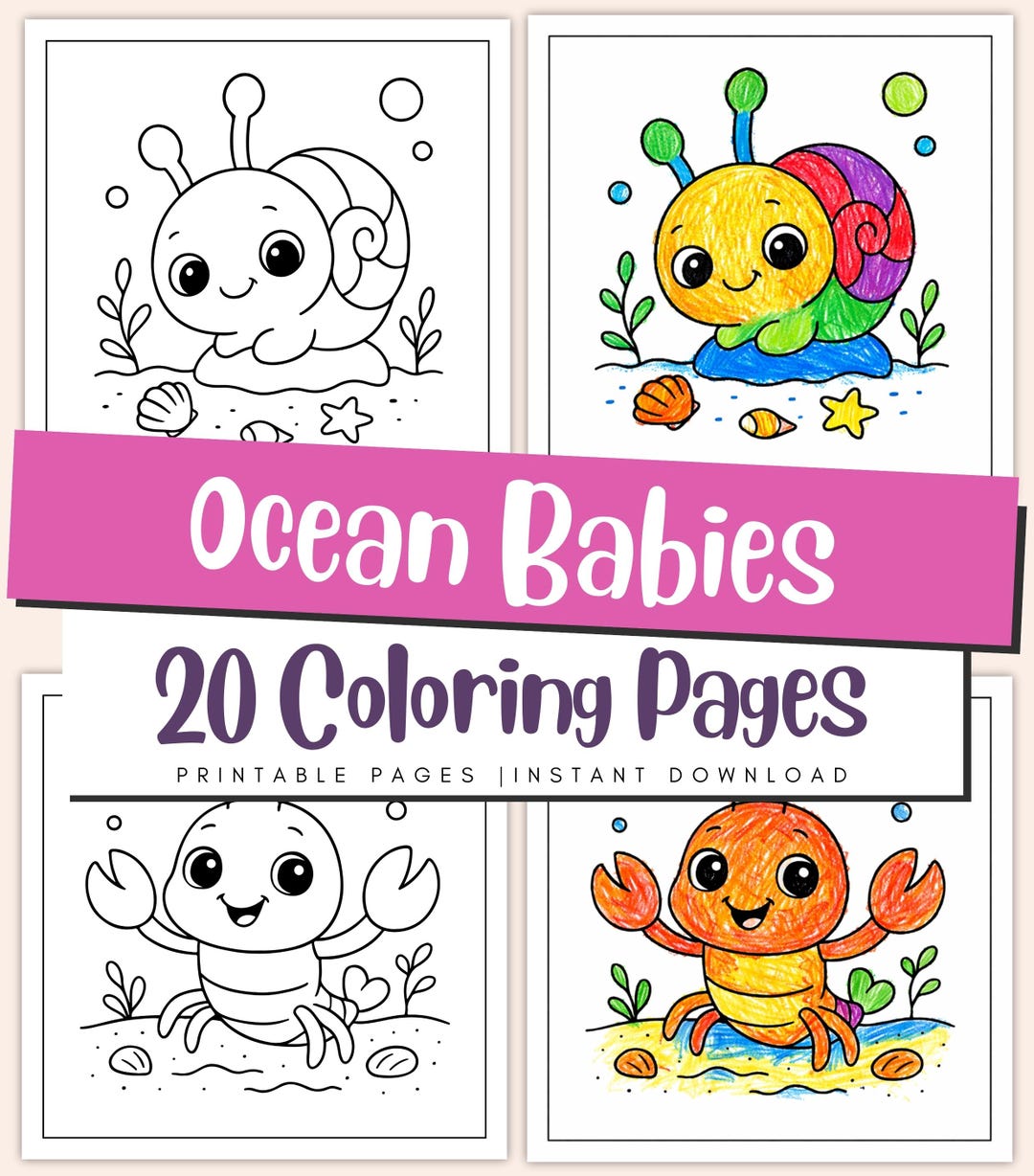 Baby Ocean Animals Coloring Pages for Kids – Easy Sea Creatures, Simple ...
