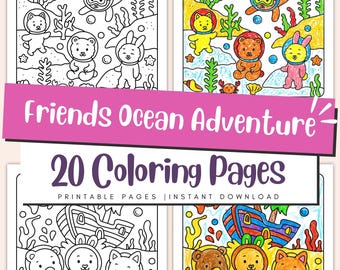 Könnte beinhalten: Ein Set von 20 ausdruckbaren Malvorlagen mit dem Thema Ozean-Abenteuer. Die Seiten zeigen Illustrationen von Meeresbewohnern und Tierfiguren in Unterwasserszenen. Der Titel "Friends Ocean Adventure" wird auf einem rosa Banner angezeigt.