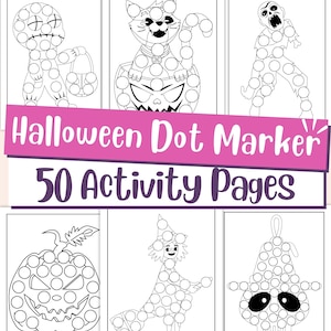 May include: A Halloween-themed activity book with dot marker pages. The cover features the text "Halloween Dot Marker" and "50 Activity Pages." Inside, there are illustrations of a zombie, a cat in a pumpkin, a witch, and other Halloween characters.