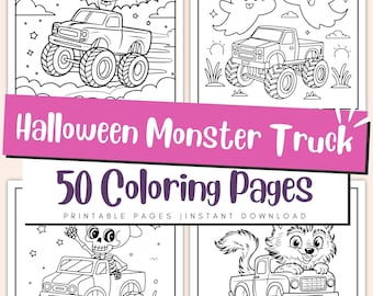 Halloween Monster Truck Kleurplaten voor Kinderen, Spooky Voertuig Activiteit Printbaar PDF-bestand