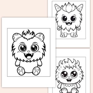 May include: Three black and white line drawings of cute cartoon monsters with big eyes and fluffy hair. The monsters are sitting and smiling.