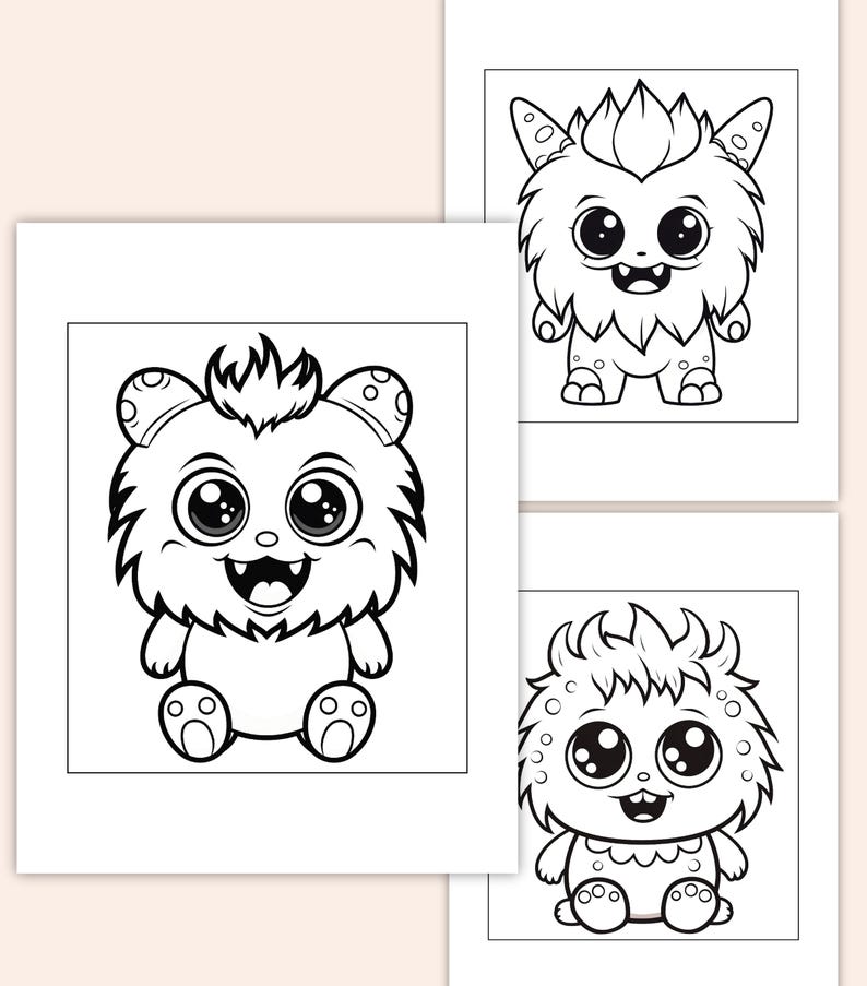 May include: Three black and white line drawings of cute cartoon monsters with big eyes and fluffy hair. The monsters are sitting and smiling.