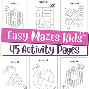May include: A collection of white activity pages featuring mazes for kids. The pages include various maze designs, with illustrations of a camera, mountains, a rainbow, and an octopus. The title "Easy Mazes Kids" is displayed in pink and purple.