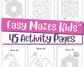 May include: A collection of white activity pages featuring mazes for kids. The pages include various maze designs, with illustrations of a camera, mountains, a rainbow, and an octopus. The title "Easy Mazes Kids" is displayed in pink and purple.