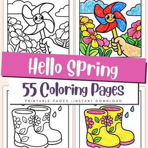 May include: A set of 55 spring-themed coloring pages. The image features a pinwheel, flowers, and wellington boots. The text "Hello Spring" and "55 Coloring Pages" are displayed on a pink banner.