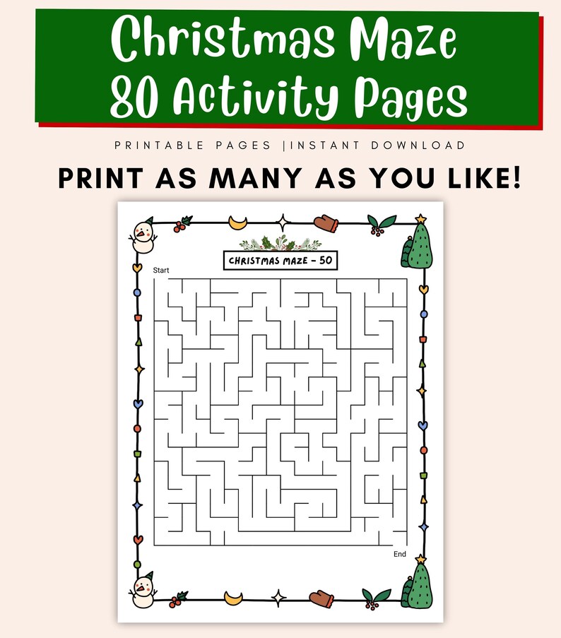 Reindeer and Santa Christmas maze game pages for kids, fun holiday activity