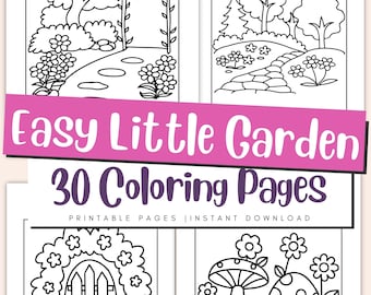 Könnte beinhalten: Schwarz-Weiß-Malvorlagen mit Gartenszenen. Der Text "Easy Little Garden" und "30 Coloring Pages" sind auf einem rosa Banner zu sehen. Die Worte "Printable Pages | Instant Download" sind ebenfalls sichtbar.