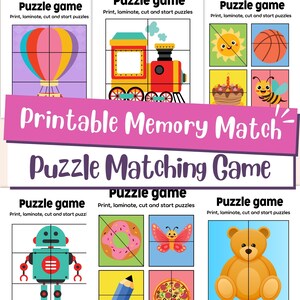 Puede incluir: Un juego de rompecabezas de memoria imprimible con ilustraciones coloridas. El juego incluye imágenes de un globo aerostático, tren, sol, baloncesto, pastel, abeja, robot, donut, mariposa, lápiz, pizza y oso de peluche.