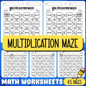 May include: A collection of multiplication maze worksheets. The worksheets have a yellow banner with the text "MULTIPLICATION MAZE" and the words "MATH WORKSHEETS" and "45 PAGES" at the bottom. The mazes are designed for children to solve.
