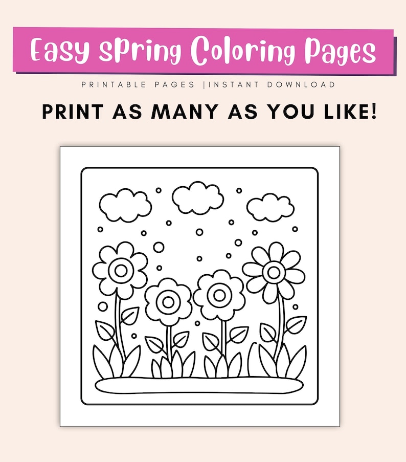 May include: A black and white coloring page featuring a simple spring scene with flowers, clouds, and raindrops. The text "Easy spring Coloring Pages" and "PRINT AS MANY AS YOU LIKE!" is at the top of the page.