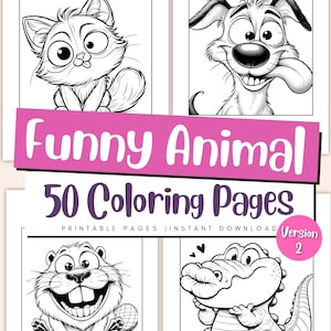 Könnte beinhalten: Titelblatt eines ausdruckbaren Malbuchs mit dem Titel "Funny Animal 50 Coloring Pages". Es zeigt vier Cartoon-Tierillustrationen: eine Katze, ein Hund, ein Biber und ein Alligator. Der Text "Printable Pages | Instant Download" ist ebenfalls zu sehen.