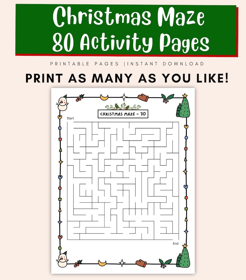 Christmas maze activity sheets for kids, fun and easy holiday brain teasers