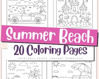 Disegni da colorare per bambini sulla spiaggia estiva - Picnic estivo, castelli di sabbia, sole e surf, attività divertenti per le vacanze