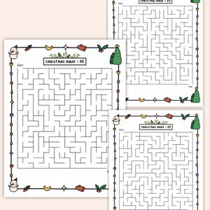 Easy Santa maze coloring and puzzle game for children, festive PDF download