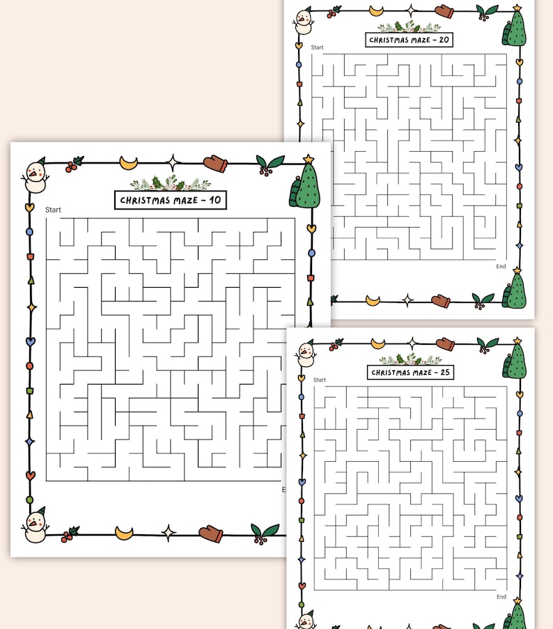 Easy Santa maze coloring and puzzle game for children, festive PDF download