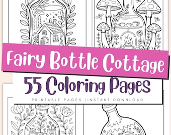 Fairy Bottle Cottage Coloring Pages for Kids & Adults, Whimsical Fantasy Printable PDF