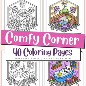 May include: A digital collection titled Comfy Corner 40 Coloring Pages featuring four illustrations of cozy rooms. Two show a sleeping elephant in a tree-themed nook, and two show a panda in a bubble bath, with both line art and colored versions.