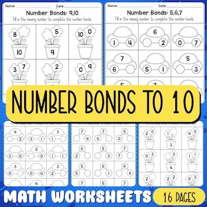 Pode incluir: Um conjunto de folhas de exercícios de matemática intitulado "Number Bonds to 10" com 16 páginas. As folhas de exercícios apresentam problemas de ligações numéricas com flores e carros, projetados para a prática inicial de matemática. O texto inclui "Number Bonds" e "Math Worksheets".