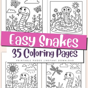May include: Four black and white coloring pages with cartoon snakes, butterflies, flowers, and a dragonfly. The title "Easy Snakes" and "35 Coloring Pages" are displayed in the image. Printable pages.