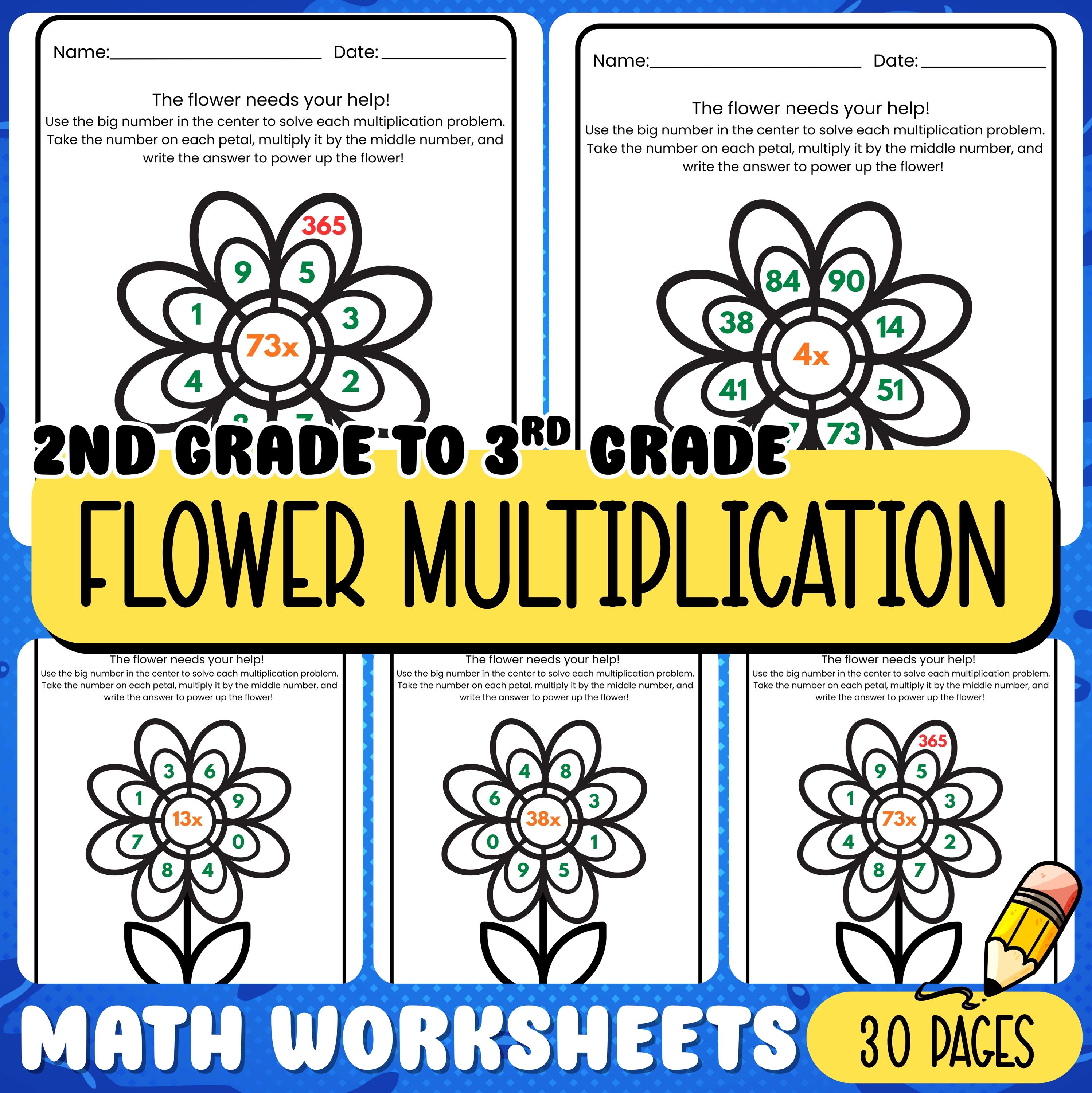 2nd & 3rd Grade Multiplication Worksheets – Flower Puzzle 1-digit × 2 ...