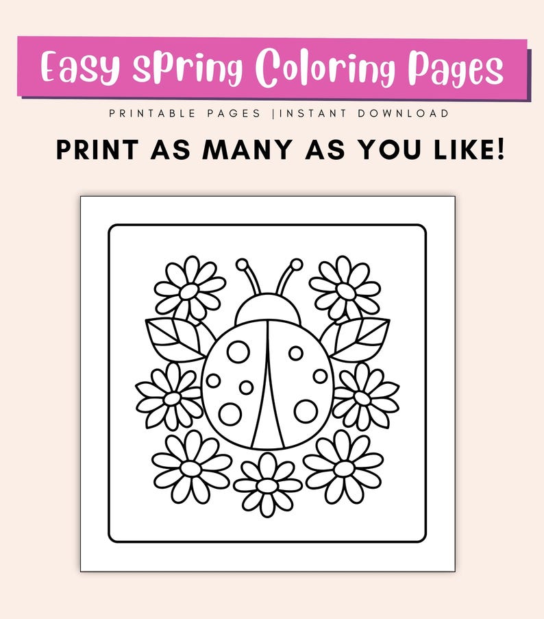 May include: A black and white coloring page featuring a ladybug surrounded by flowers.  The ladybug has six legs, two antennae, and a body with spots.  The flowers have five petals each.