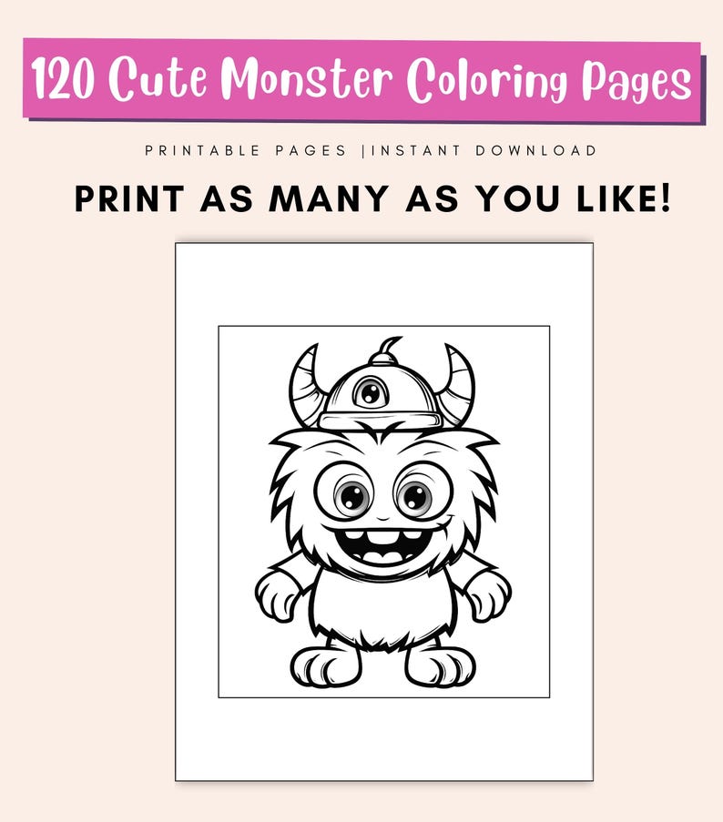 May include: Black and white line art illustration of a cute monster wearing a helmet with one eye. The monster has a big smile and is standing with its arms at its sides.