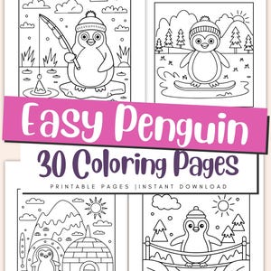 Może przedstawiać: Czarno-białe strony do kolorowania z pingwinami w różnych zimowych sceneriach. Tekst "Easy Penguin 30 Coloring Pages" jest wyświetlany na różowym banerze. Strony są oznaczone jako "Printable Pages | Instant Download".