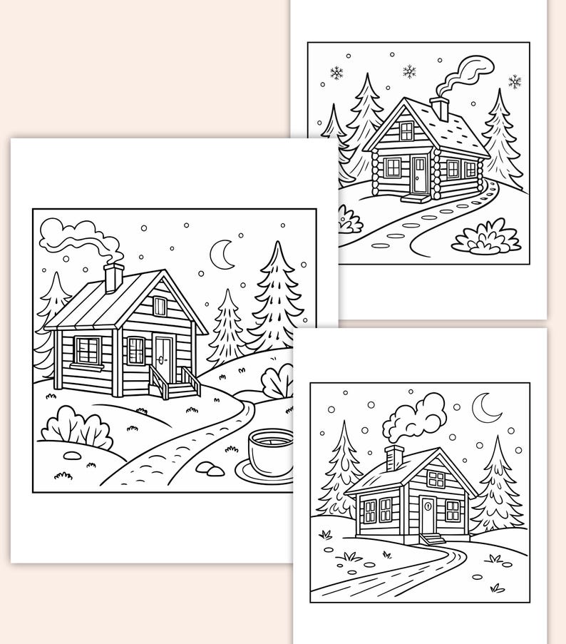 Winter Cabin Coloring Pages – Cozy Snowy Cottage Art, Relaxing Winter ...
