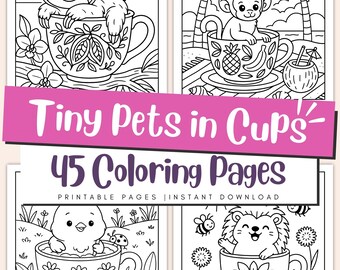 Animals in Mugs Coloring Pages for Kids & Adults, Cozy Animal Cup Printable PDF Book