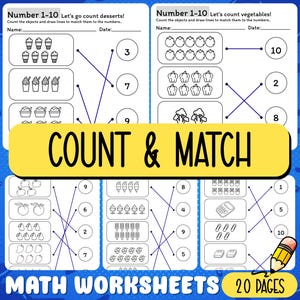 May include: Math worksheets for counting and matching numbers 1-10. The pages feature illustrations of desserts, vegetables, and other objects. The worksheets include the text "Count & Match" and "Math Worksheets 20 Pages".