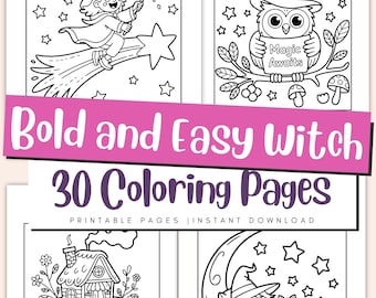 May include: Black and white coloring book pages featuring witch-themed illustrations. The cover displays the text "Bold and Easy Witch" and "30 Coloring Pages". Images include a witch on a broom, an owl with a sign, a house in a teacup, and a witch sleeping on a crescent moon.