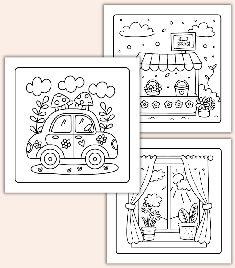 May include: Three black and white coloring pages featuring spring themes. The first page shows a car with mushrooms on the roof, the second page shows a flower stand with the text "Hello Spring!" and the third page shows a window with curtains and plants.