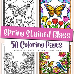 May include: A collection of spring-themed coloring pages. The pages feature stained glass designs of butterflies, flowers, and birds. The text "Spring Stained Glass" and "50 Coloring Pages" are displayed on a pink banner.