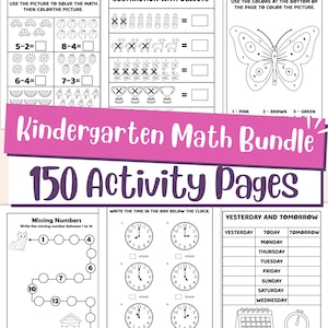 May include: A collection of 150 kindergarten math activity pages. The pages include subtraction with objects, solving math problems with pictures, and time-telling exercises. The pages also include a color-by-number butterfly and missing number exercises.