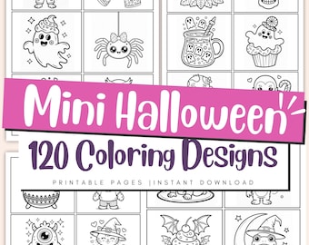May include: A collection of black and white Halloween-themed coloring designs. The image features various illustrations of spooky characters, including ghosts, skeletons, and pumpkins. The text "Mini Halloween" and "120 Coloring Designs" are displayed on a pink banner.