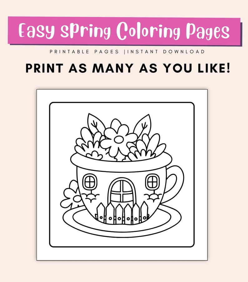 May include: Black and white line art coloring page of a teacup with a house drawn on it. The teacup is filled with flowers and leaves. The text "PRINT AS MANY AS YOU LIKE!" is at the top of the page.