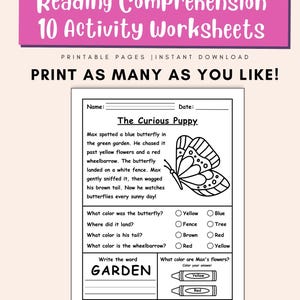 Puede incluir: Una hoja de trabajo imprimible para la comprensi&oacute;n lectora con el t&iacute;tulo "Reading Comprehension 10 Activity Worksheets". La hoja de trabajo presenta una historia sobre un cachorro y una mariposa, con preguntas sobre colores y un dibujo de mariposa.