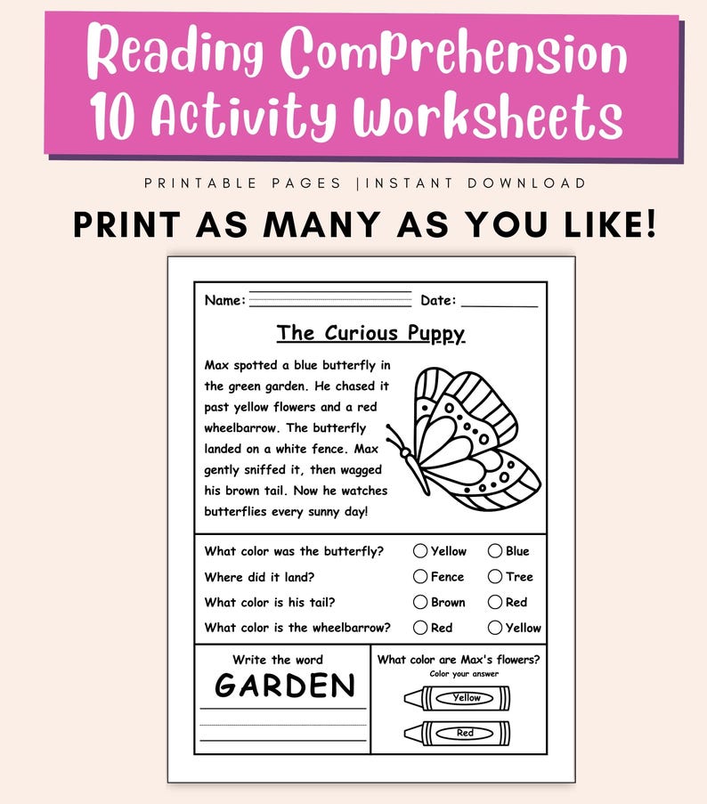 Puede incluir: Una hoja de trabajo imprimible para la comprensi&oacute;n lectora con el t&iacute;tulo "Reading Comprehension 10 Activity Worksheets". La hoja de trabajo presenta una historia sobre un cachorro y una mariposa, con preguntas sobre colores y un dibujo de mariposa.