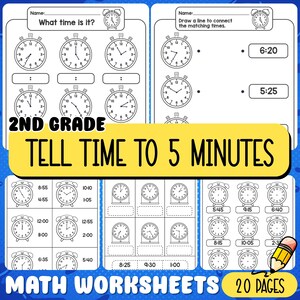 Peut inclure: Un ensemble de 20 pages de fiches d'exercices de mathématiques de niveau CE1 pour apprendre à lire l'heure à 5 minutes près. Les pages en noir et blanc présentent des illustrations d'horloges analogiques, des espaces vides et des exercices de correspondance.
